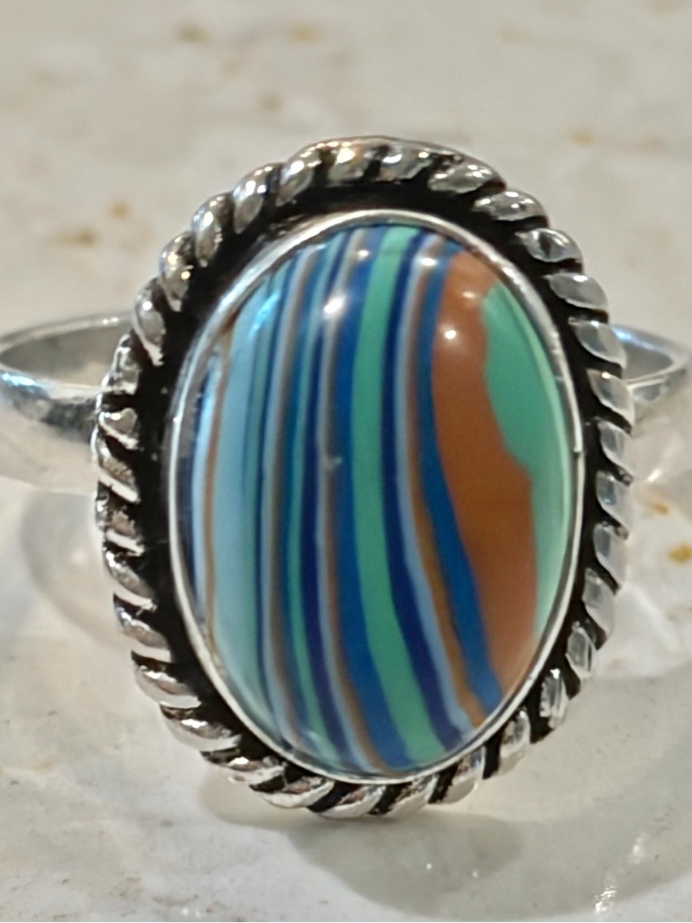 Vintage .925 Sterling Silver
Rainbow Calsilica Statement Ring